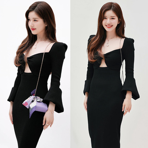 明星赵露思同款连衣裙女秋冬黑色针织法式修身显瘦中长款礼服裙子