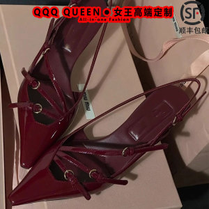 QQQ Queen/法式复古单鞋女尖头一字扣高跟鞋女后空斩女辣妹通勤鞋