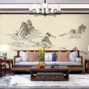 高档山水独绣墙布刺绣沙发背景墙新中式客厅锦绣河山整幅独绣壁布