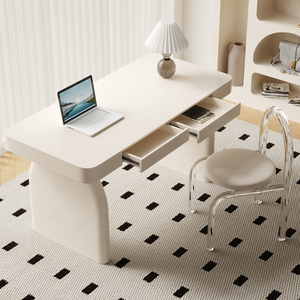 法式奶油风全实木书桌轻奢简约现代高级感写字台办公桌书房电脑桌