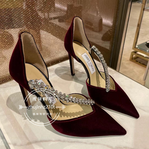 猪淘淘代购 jimmy choo 新款丝绒面水钻高跟鞋 气质尖头宴会女鞋