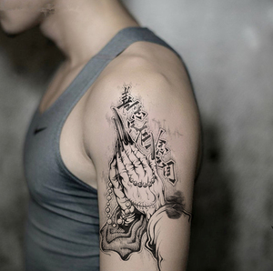 佛手善恶一念之间防水纹身贴 半魔半佛花臂 小腿仿真持久男款刺青