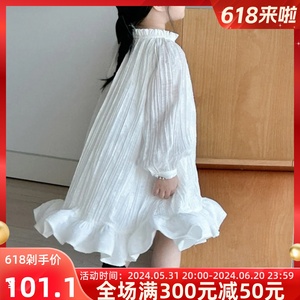 2024春季新款韩版女童连衣裙气质仙女裙儿童白色长袖荷叶边大摆裙