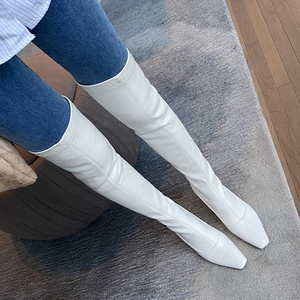 过膝长靴女2023新款秋冬季真皮弹力瘦瘦靴白色软皮尖头高跟长筒靴