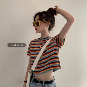泫雅风彩虹条纹短袖t恤女韩版宽松ins潮学生原宿风露脐短款上衣服
