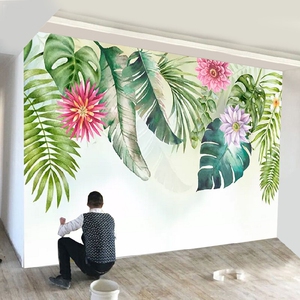 北欧小清新绿色叶子电视背景墙壁纸植物沙发卧室餐厅墙纸装饰壁画