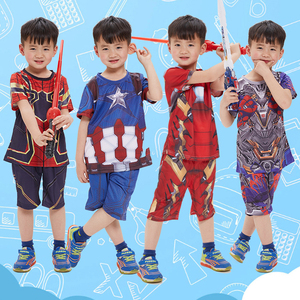 六一钢铁蜘蛛侠短袖美国队长套装osplay演出服儿童服装夏季擎天柱
