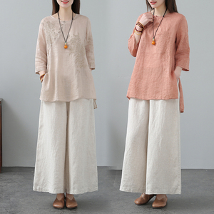 棉麻套装女夏季中国民族风女装刺绣文艺复古上衣亚麻阔腿裤两件套