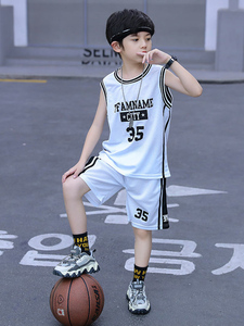 李宁儿童篮球服套装男童小学生男孩速干训练服冰丝运动服背心白色