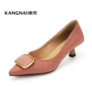 康奈女鞋时尚都市单鞋尖头细跟黑色小皮鞋尖头浅口女士工作鞋7人付款