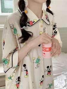 睡裙夏季女款2024新款韩国卡通减龄衬衣棉麻短袖中长裙家居服睡衣