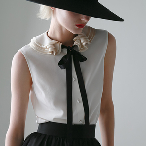 xinyuan原创设计品牌 高级感复古手工波浪拉夫领真丝无袖飘带衬衫