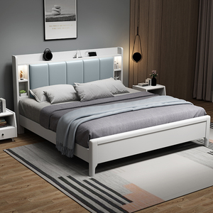 北欧储物实木床现代简约1.35米收纳床头带夜灯1.8m箱体主卧双人床