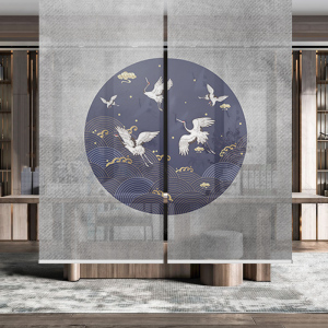 玄关日式卷帘茶室新中式窗帘装饰书房软隔断进门挂帘鹤升降半透景