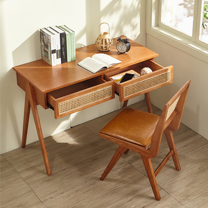 日式藤编书桌实木书房桌子卧室家用梳妆台写字桌小户型电脑办公桌