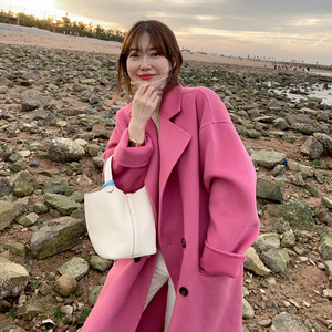 拉拉家韩国东大门秋冬新款气质玫粉色中长款双面羊绒大衣毛呢外套
