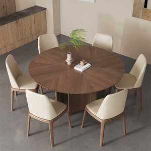 中式实木餐桌椅组合现代简约侘寂风餐厅圆桌家用黑胡桃色圆形餐桌