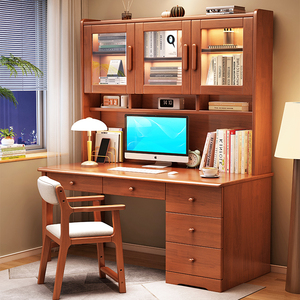 实木书桌书架一体桌家用卧室办公电脑桌带书柜现代简约学生写字桌