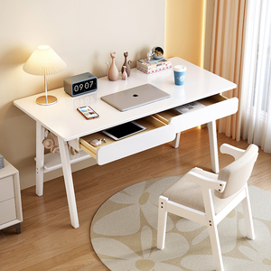 实木白色书桌北欧简约田园现代家用学生书房写字台式电脑桌办公桌