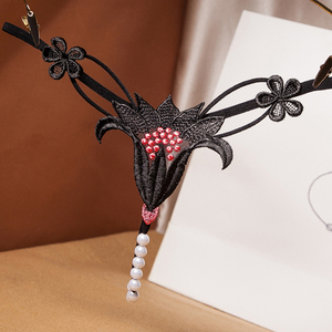 丁字裤女可插入按摩大珍珠绳刺绣珍珠t型裤低腰无痕镂空少女内内