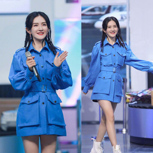 快乐大本营谢娜同款衣服蓝色工装风大口袋收腰外套夹克短裤套装潮