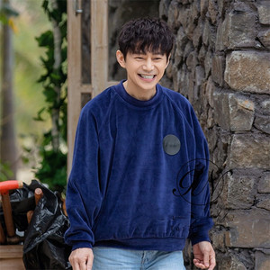 向往的生活6何炅同款衣服深蓝色圆领长袖卫衣简约休闲百搭上衣潮