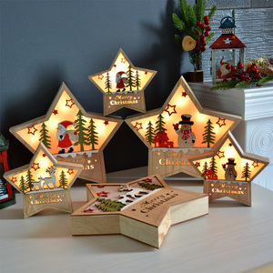 圣诞装饰桌面创意摆件节日礼物品 老人木质五角星迷你树灯led彩灯