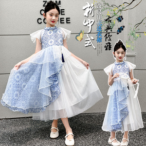 女童六一儿童节舞蹈演出服主持人中式礼服中国风青花瓷公主连衣裙