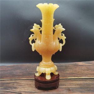 米黄玉双凤花瓶摆件客厅办公室仿古装饰玉石摆件乔迁开业礼品包邮