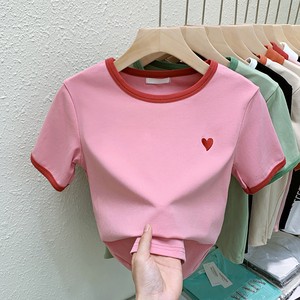 粉色短袖t恤女2024年夏季新款刺绣修身显瘦短款bm甜辣风爆款上衣