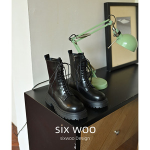 SIXWOO|复古风机车靴甜辣马丁靴真皮短靴绑带小皮靴女厚底单靴女