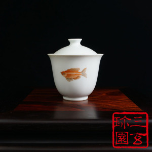 景德镇茶具 手工制作 精品复古粉彩小盖碗 小鱼 兰花系列陶瓷盖碗