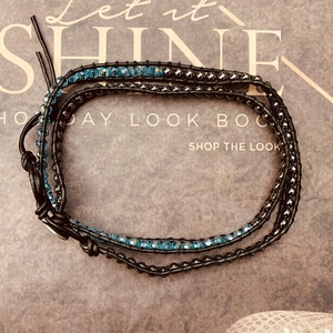VIKIKO 天然黑胆石缠绕三圈多层手链手工编织黑色牛皮绳蓝色水晶