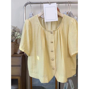 高级感气质棉麻黄色上衣女2024夏季新款褶皱显瘦通勤显瘦短袖小衫