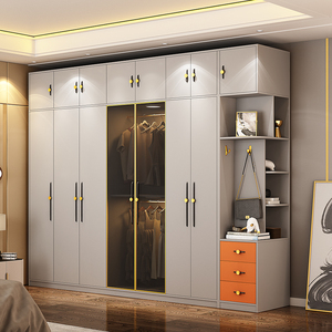 轻奢衣柜简约现代小户型柜子家用卧室整体灰色玻璃门储物衣橱定制