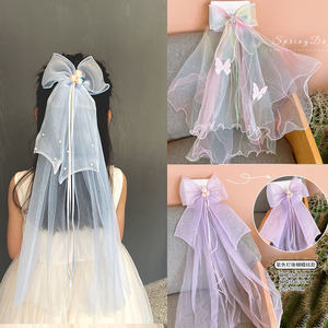 韩国彩虹渐变蝴蝶结头纱甜美公主卷边飘纱发夹儿童女孩演出发饰品