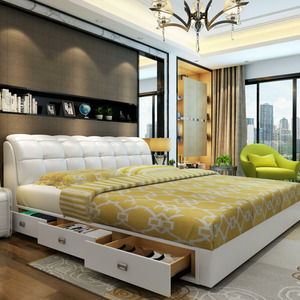 真皮床1.8主卧简约现代带抽屉双人小户型软一米八五欧式软包婚床