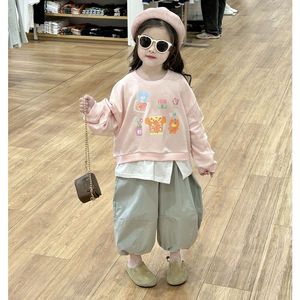 鲍小鱼2024春季新款韩国女儿童装休闲假两件卡通印花卫衣灯笼裤子
