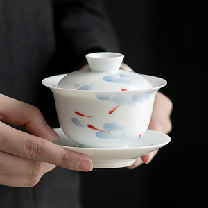 手绘小鱼三才盖碗套装陶瓷功夫茶具家用白瓷敬茶碗大号泡茶碗防烫
