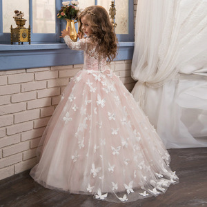 儿童晚礼服修身公主裙2024长袖女童结婚婚纱花童钢琴表演礼服生日