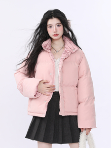 AONW冬季新款绒面短款棉服女小众设计感拼接格子棉衣外套