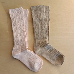 儿童长筒袜冬天双针兔毛麻花纹卡其色浅粉色保暖及膝袜