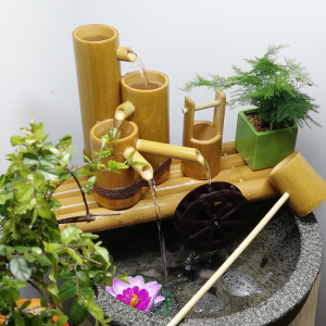 风水轮水车风车流水摆件 流水生财摆件竹制流水器 鱼缸水缸过滤器