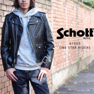 日本代购 schott nyc 肖特男士修身斜拉机车牛皮夹克皮衣 613us