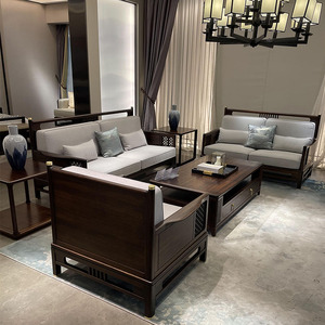 新中式乌金木沙发组合现代简约禅意客厅中国风布艺全实木别墅家具