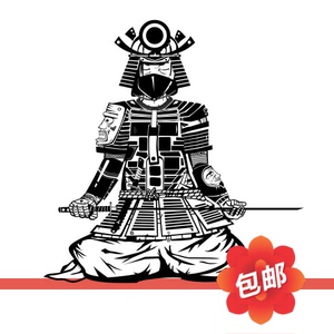 日本传统古代忍者武士盔甲墙贴画静打坐纹身店装饰镂空背景墙贴纸