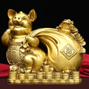 聚宝盆金钱猪摆件纯铜生肖猪金猪发财猪金钱猪客厅办公室装饰品