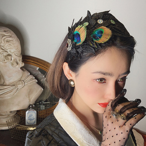 欧洲复古vintage奢华贵族气质蕾丝钻饰发箍 孔雀羽毛发卡头箍发饰