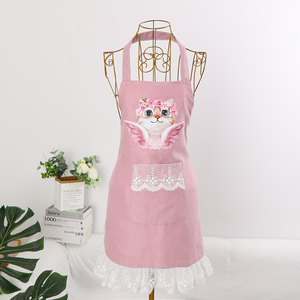 粉色可爱猫咪蕾丝花边防水围裙家用清洁花店宠物店工作服