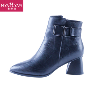 【大润发女鞋品牌】蜜娅莉2021新款女式压纹牛皮中跟靴701286